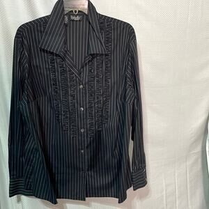 Rafaella 20 black white pinstripe long sleeve blouse ruffled front like new euc